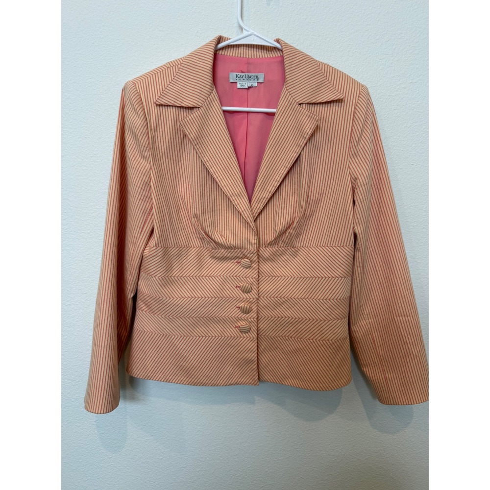 Kay Unger Womens Striped Blazer‎ Coral Pink Cotton Blend Size 6